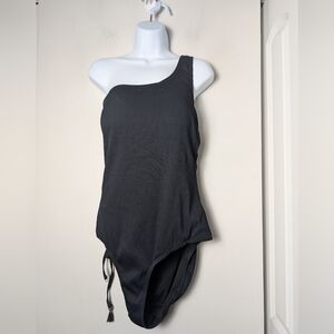 Lysa Swimsuit Ribbed Side Lace Up One Shoulder Black Sz 2x